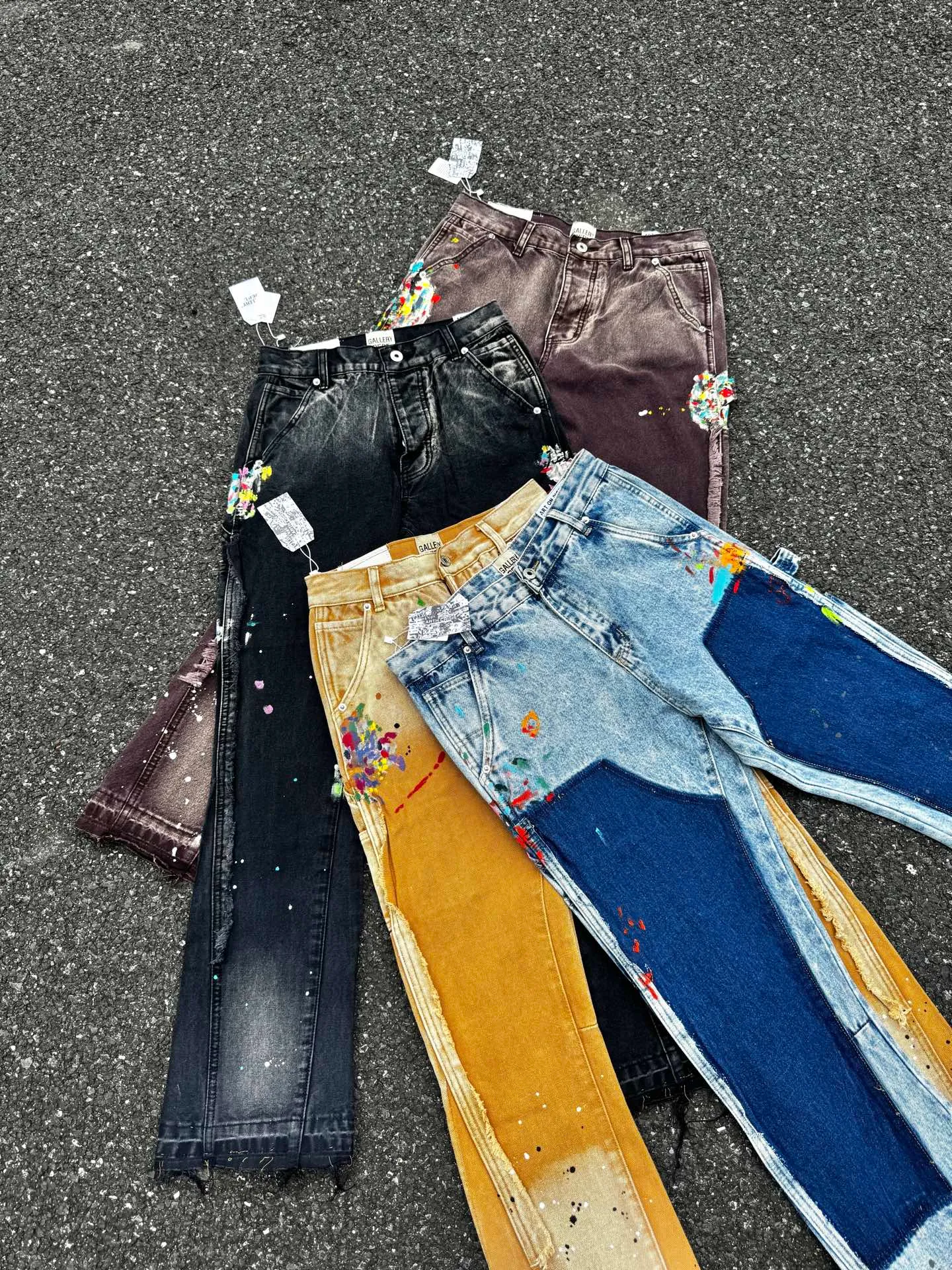 P250 (G95 black) (G90 burgundy) (G94 blue) (G91 khaki) GALLERY DEPT. Spliced ​​patchwork splash-ink denim flared pants washed and distressed spliced ​​jeans logging micro-flared jeans men and women same style Code number: 28 30 32 34 36